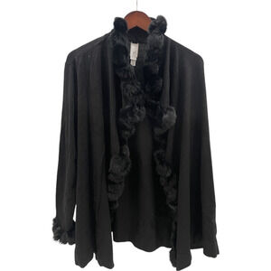 WynneCollection Women's Faux Fur Pompom Cardigan Black - Regular